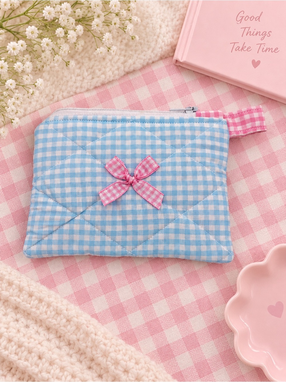 Pastel Blue Gingham Quilted Keychain Wallet with Pink Bow